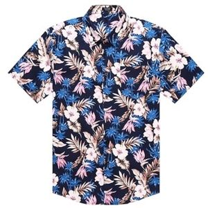 Mens Hawaiian Tropical Shirt Short Sleeve Casual Button Down Floral Blue